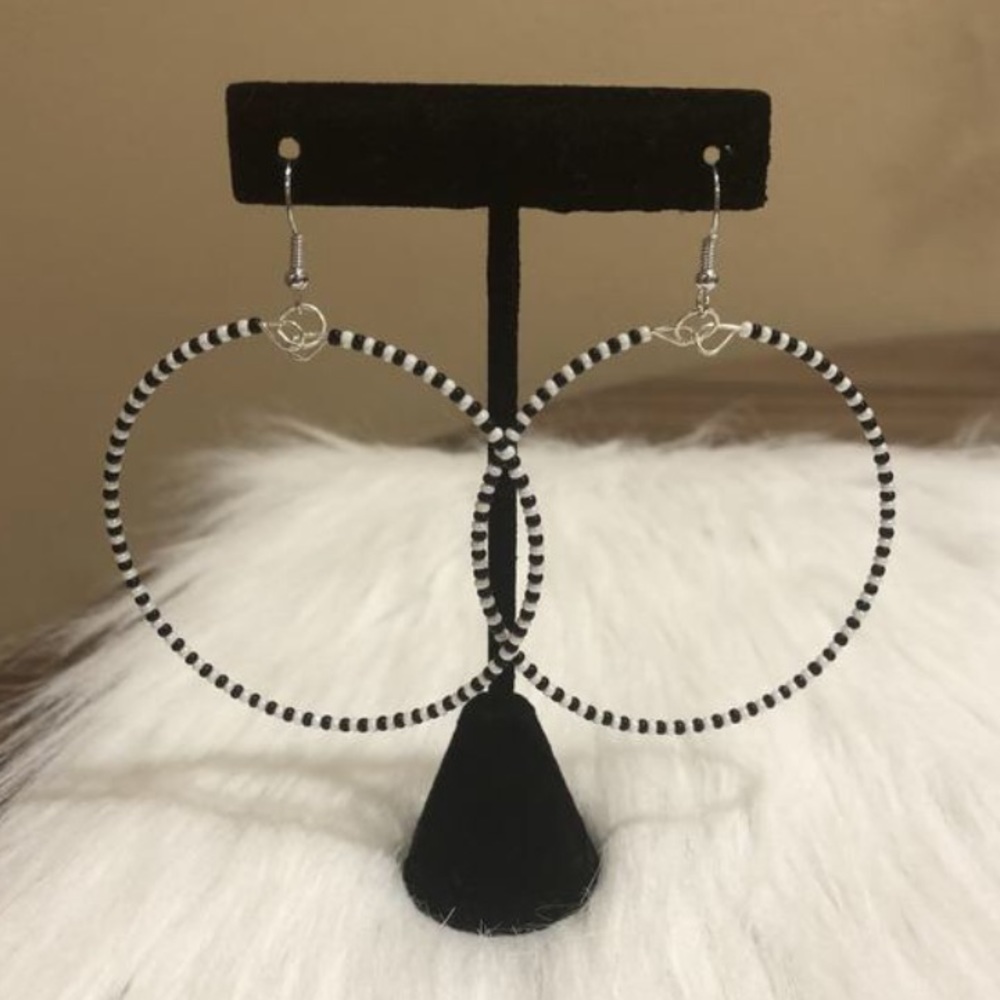 Handmade Black and White Beaded Hoops